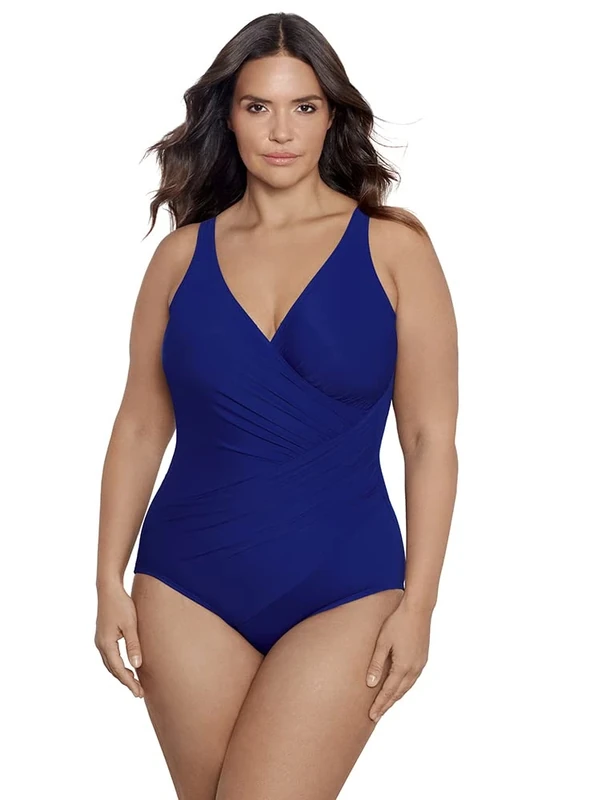 Miraclesuit Women's Plus Size Swimwear Must Haves Oceanus V-Neck Soft Cup One Piece Swimsuit, Azul Blue, 20 Plus