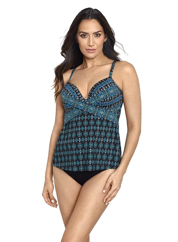 Miraclesuit Women's Swimwear Thebes Allura Underwire Bra Tummy Control Tankini Top, Black/Multi, 14