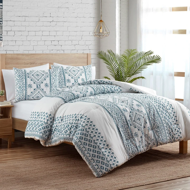 Indigo Ink Boho Geometric Stripe Printed Comforter Set, White/Navy, Queen