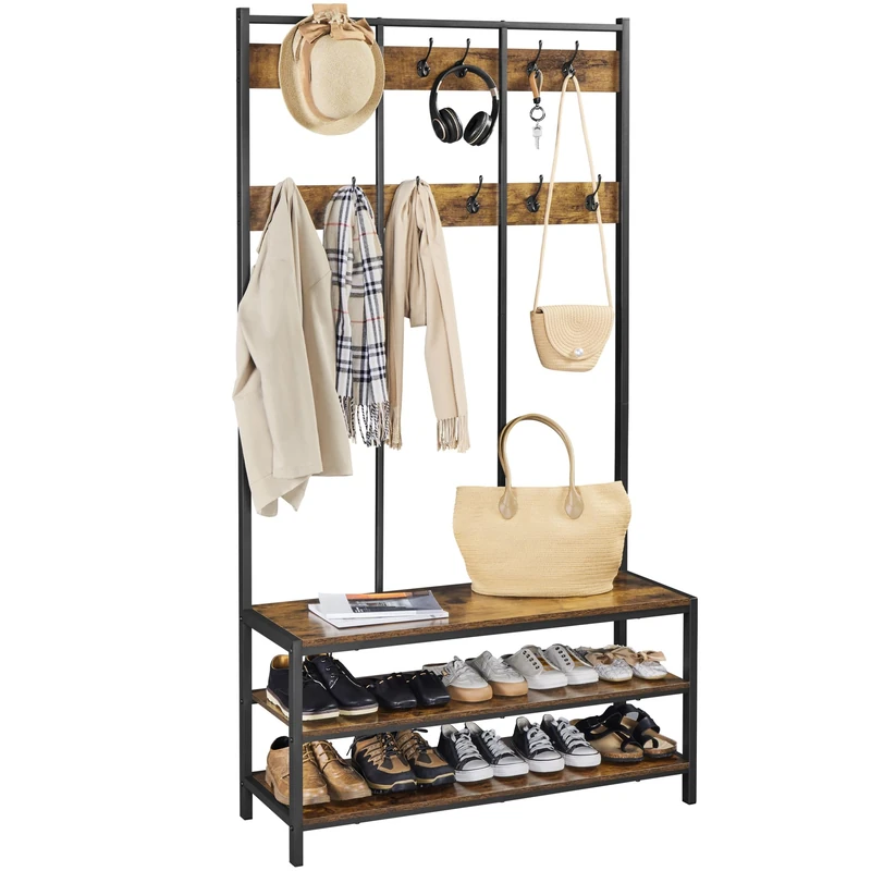 Yaheetech Large Coat Rack Stand, Hall Tree with 24 Hooks and Shoe Bench, 3-in-1 Design,Free Standing Clothes Hat Rack with Metal Frame for Hallway Entryway Living Room, Rustic Brown and Black