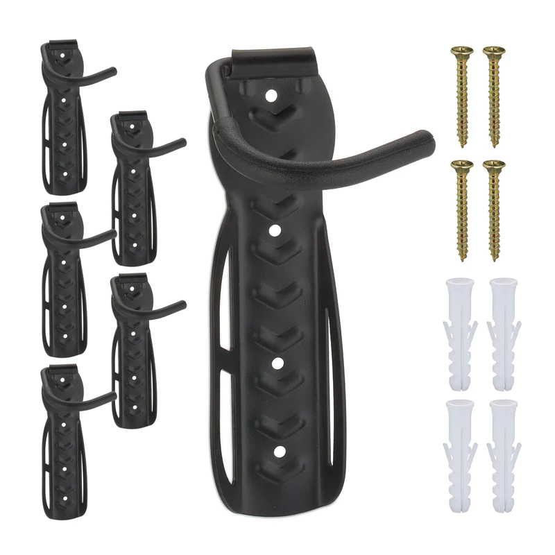 Relaxdays Bike Rack, Wall-Mounted, Set of 6, Folding Bicycle Hooks, up to 25 kg, Vertical Holder, Metal Hanger, Black, Steel, 25.5 x 11 x 14 cm