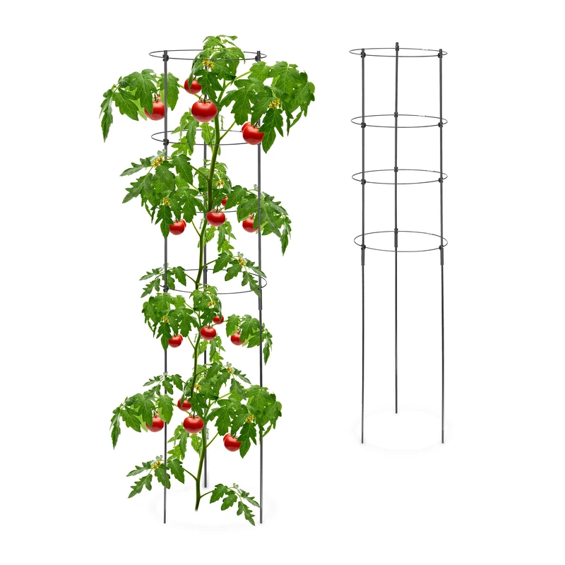 Relaxdays Set of 2 Plants Supports, Gardening, Tomato Trellis, Metal & Plastic, HxØ: 120x30cm, 4 Adjustable Rings, Black