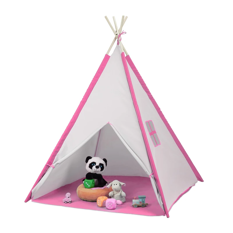 Relaxdays Children's Play Tent, Tipi for Kids, with Floor Mat, Wigwam, Playroom, HWD: 154 x 124 x 124 cm, White/Pink, Polyester