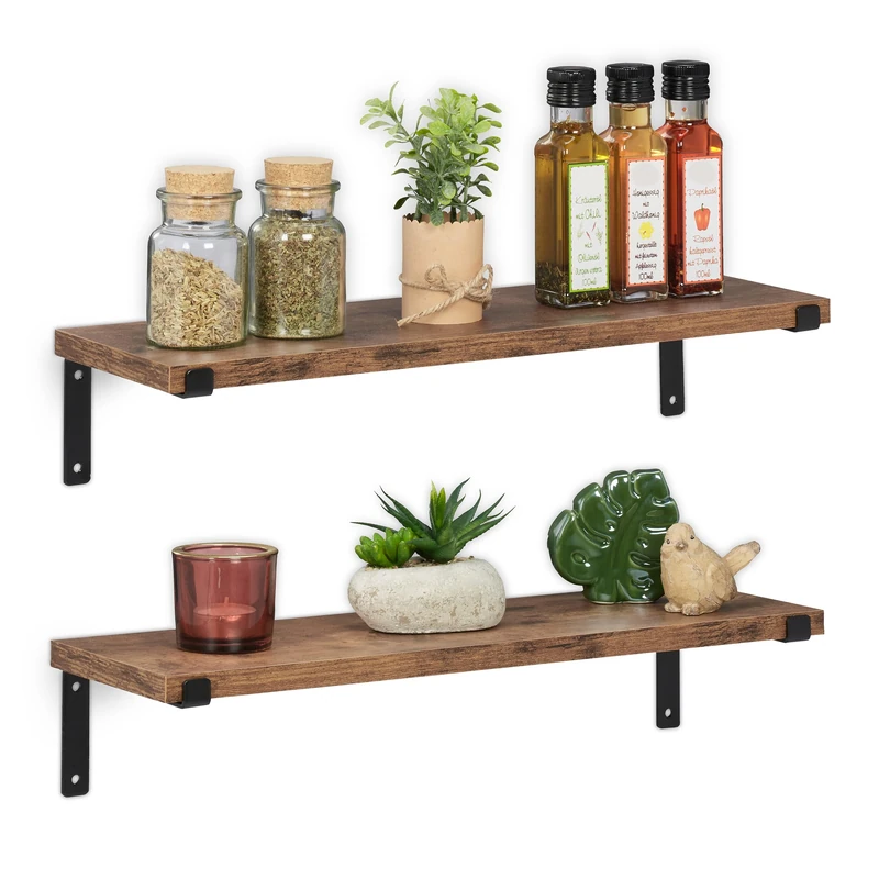 Relaxdays 2X Industrial Wall Racks, Hanging Storage Shelves, HWD: 9.5 x 48 x 15.5 cm, Metal & Wood Look, Brown/Black, Engineered