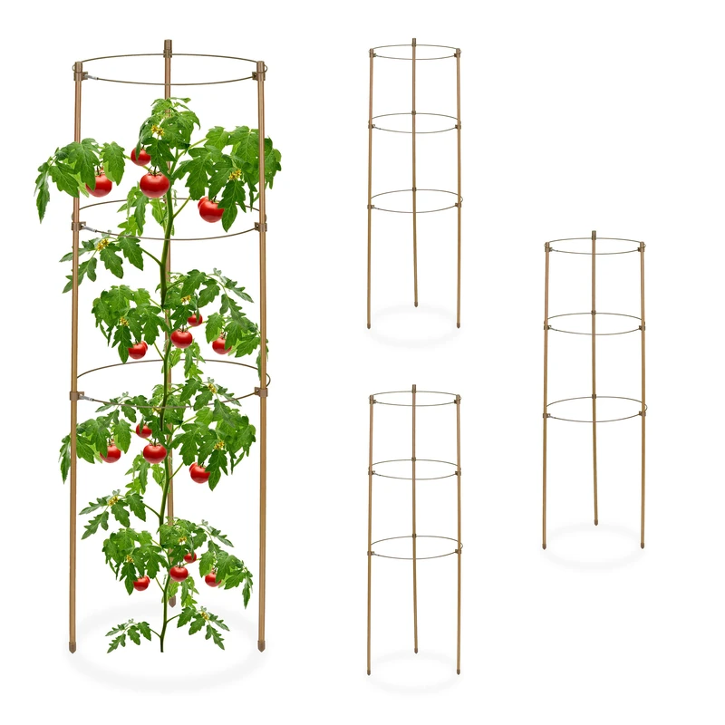 Relaxdays Garden Trellis Set of 4, Metal & Plastic, HxØ: 60x22 cm, Support for Growing Tomatoes & Climbing Plants, Brown