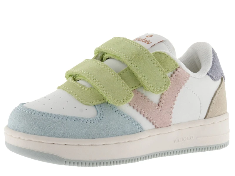 victoria Unisex Tiempo Faux Leather Trainers & Multicolor Suede Panels & Hook-and-Loop Straps 1124116 for Kids Celeste 33