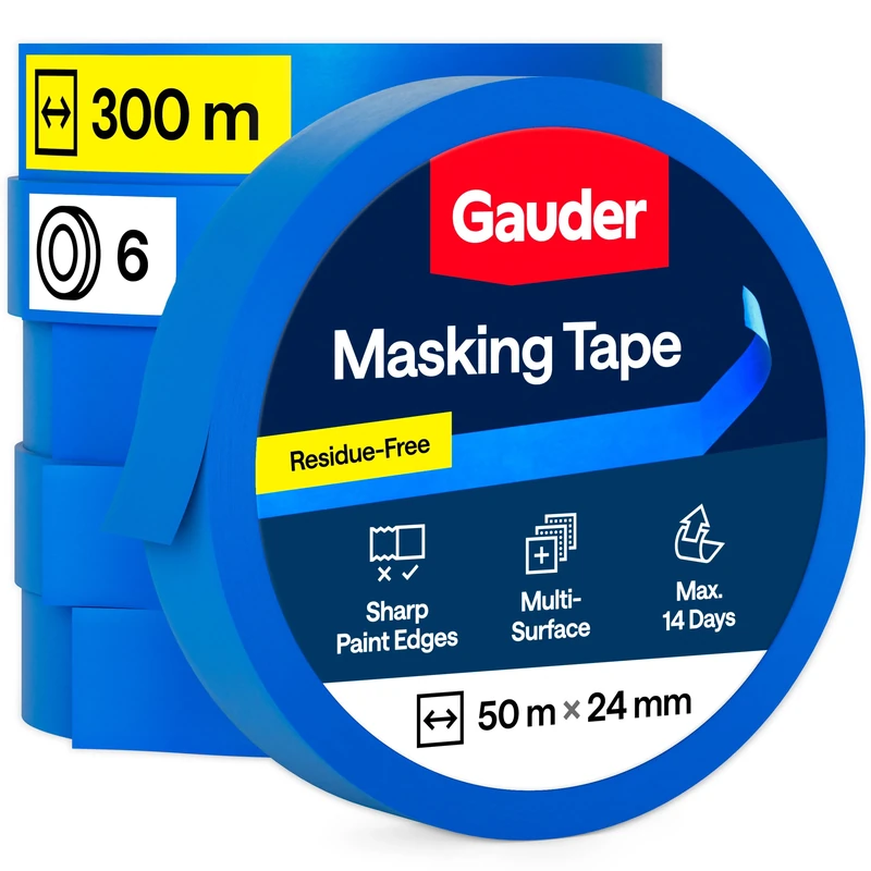 GAUDER Masking Tape for Painting - Painter's Tape for Precise Edges - Professional Solution for Decorating, Renovating and DIY Projects (6 Rolls - 24 mm x 50 m)