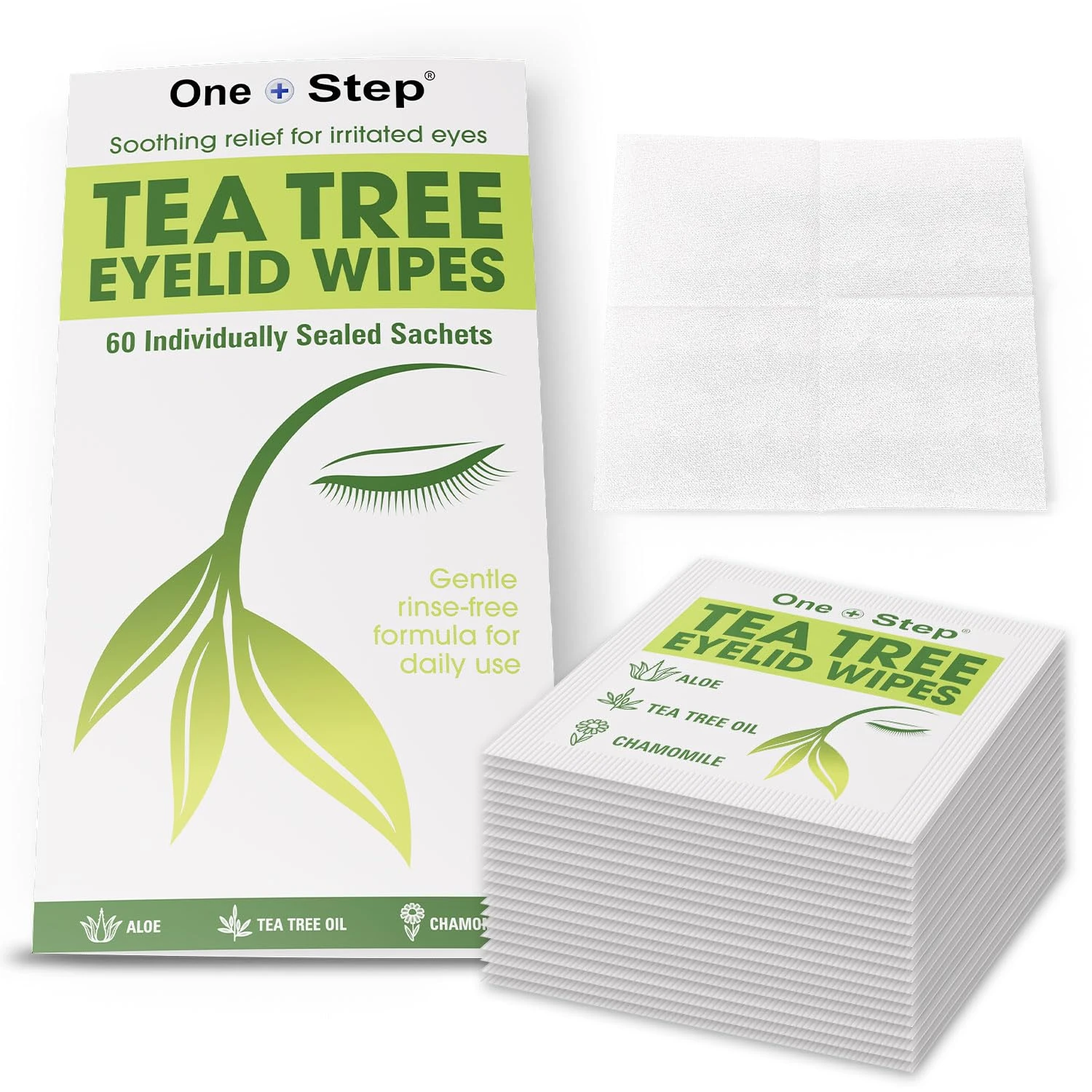 One Step Tea Tree Oil Eyelid Wipes, 60 Sachets, Natural, Aloe, Chamomile Daily Cleanser, Soothe, Relieve for Dry, Irritated, Tired, Itchy Eyes