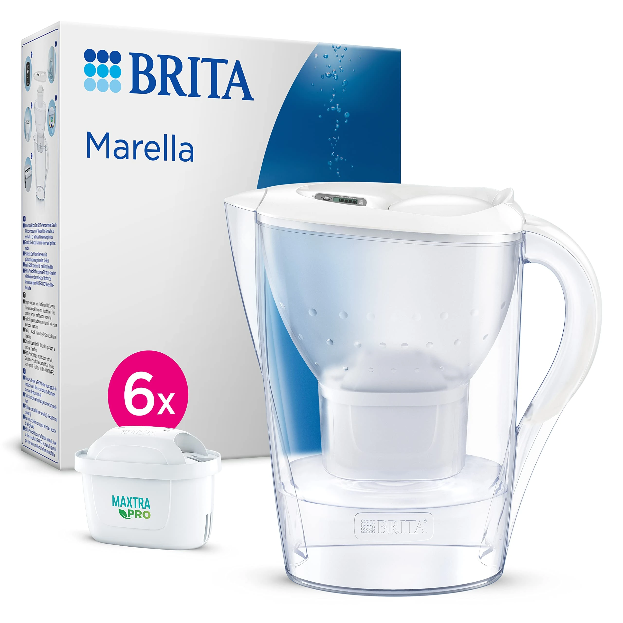 BRITA Marella Water Filter Jug White (2.4L) Half Year Pack incl. 6x MAXTRA PRO Pure Performance cartridge - fridge-fitting jug with digital LTI and Flip-Lid - now in sustainable Smart Box packaging