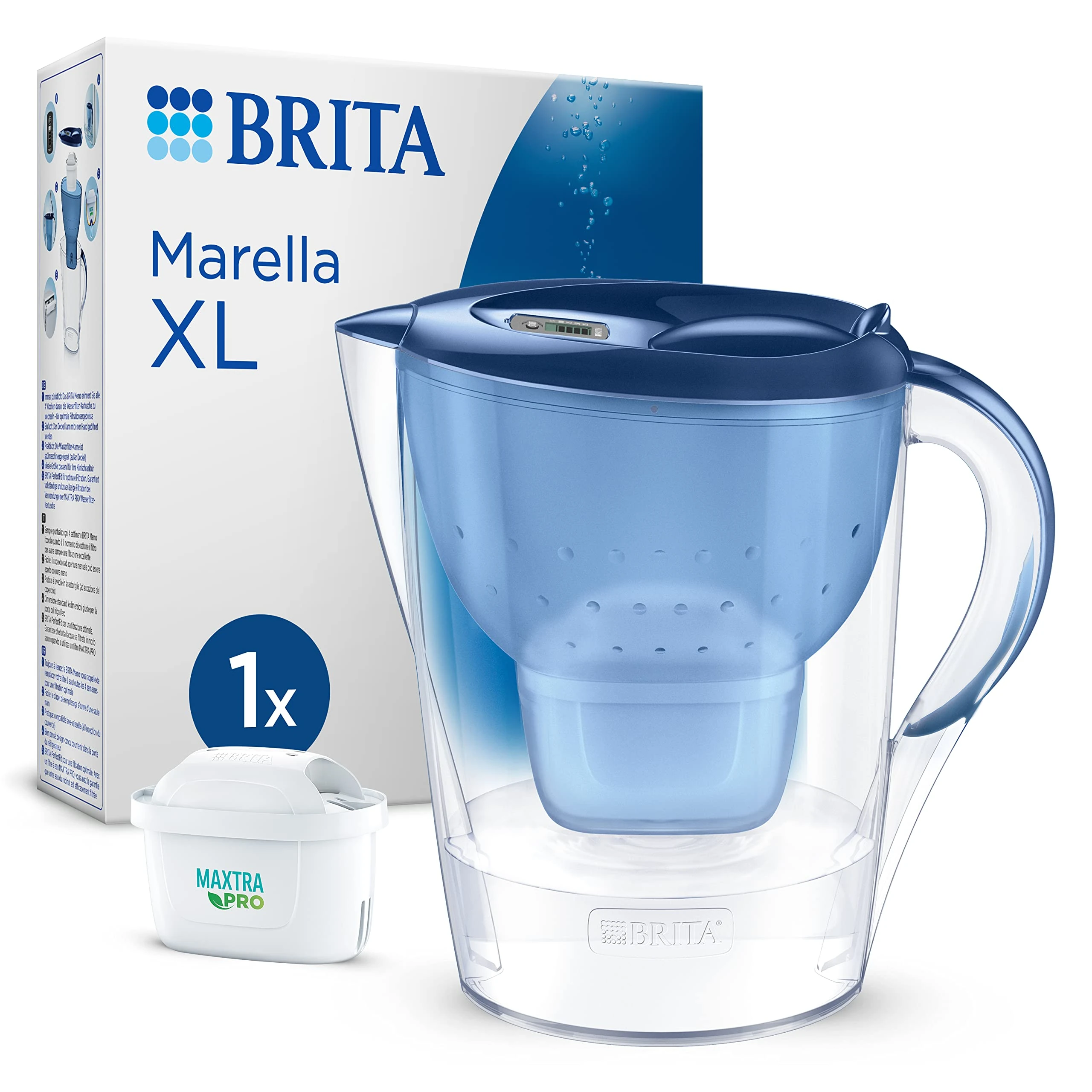BRITA Marella XL Water Filter Jug Blue (3.5L) incl. 1x MAXTRA PRO Pure Performance cartridge - large-volume jug with digital LTI and Flip-Lid - now in sustainable Smart Box packaging