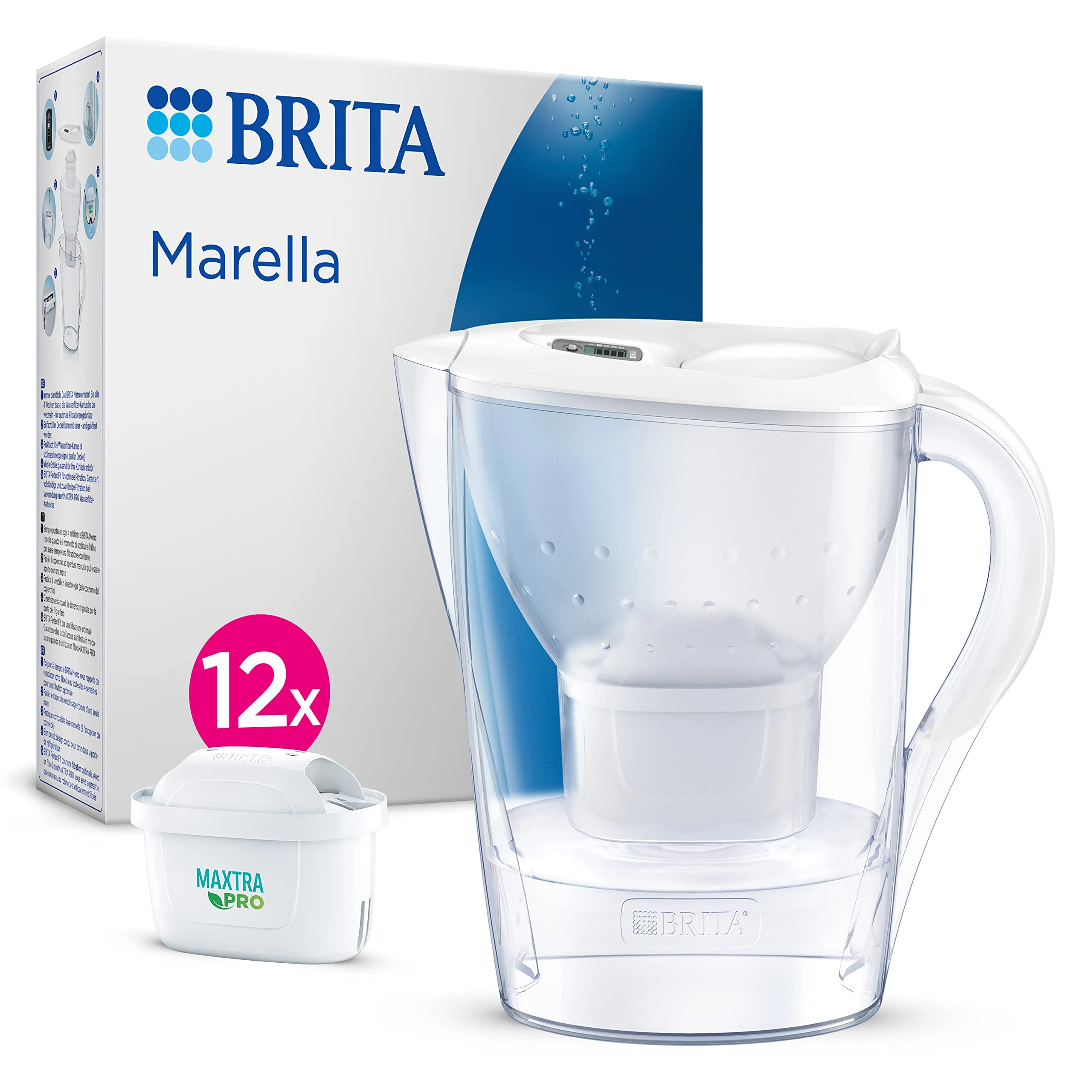 BRITA Marella Water Filter Jug White (2.4L) Annual Pack incl. 12x MAXTRA PRO Pure Performance cartridge - fridge-fitting jug with digital LTI and Flip-Lid - now in sustainable Smart Box packaging