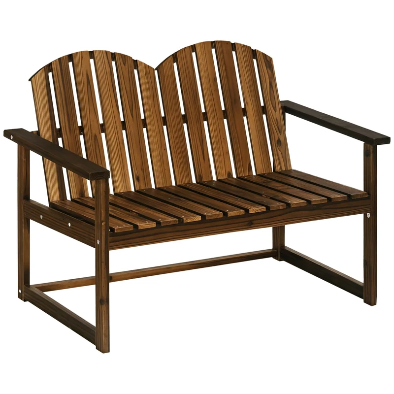 Outsunny Outdoor Wooden Garden Bench, Patio Loveseat Chair with Slatted Backrest and Smooth Armrests for Two People, for Yard, Lawn, Porch, Carbonised Finish