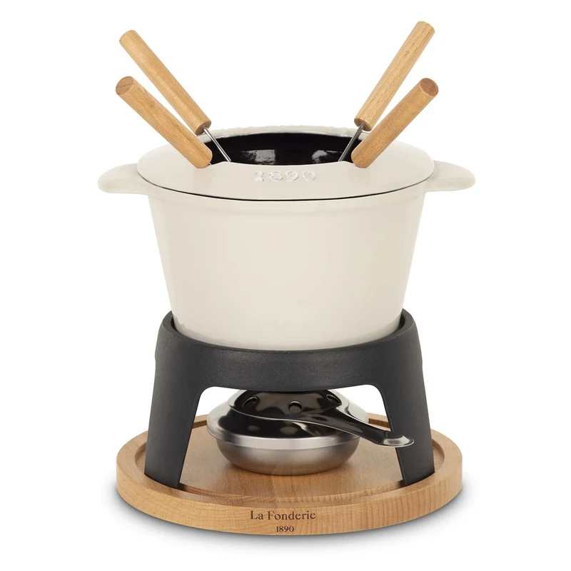 La Fonderie 1890 Cast Iron Fondue Set for 4 People Mont Joly, for Cheese and Chocolate Fondues, Splash-Proof Lid, 4 Forks with Beech Wood Handles, Capacity 1.2L, Beige