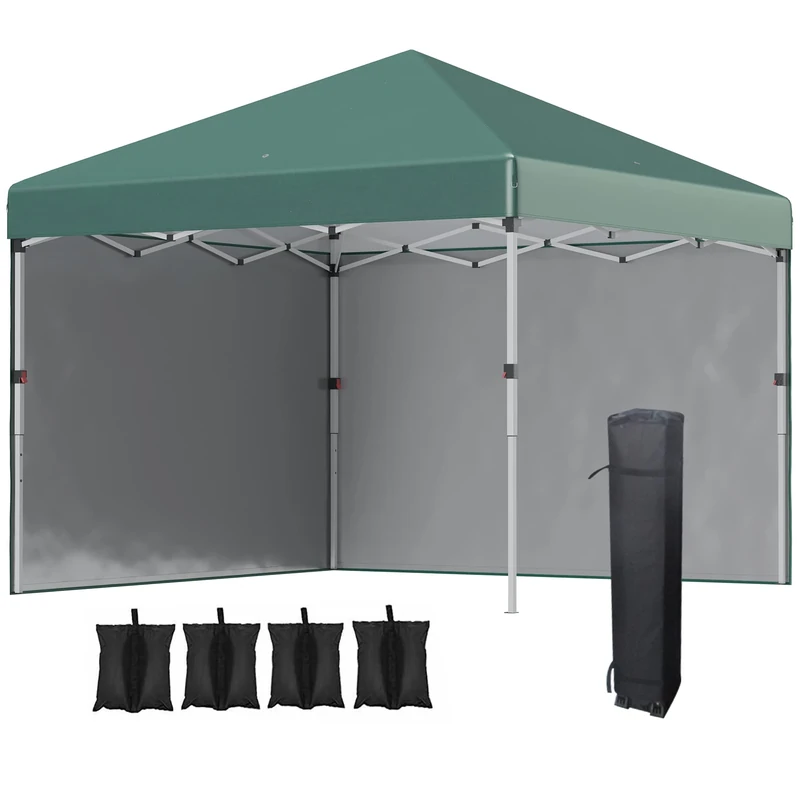 Outsunny 3 x 3 (M) Pop Up Gazebo, UPF 30+ with 2 Sidewalls, Leg Weight Bags and Wheeled Bag, Height Adjustable Party Tent Event Shelter for Garden, Patio, Green