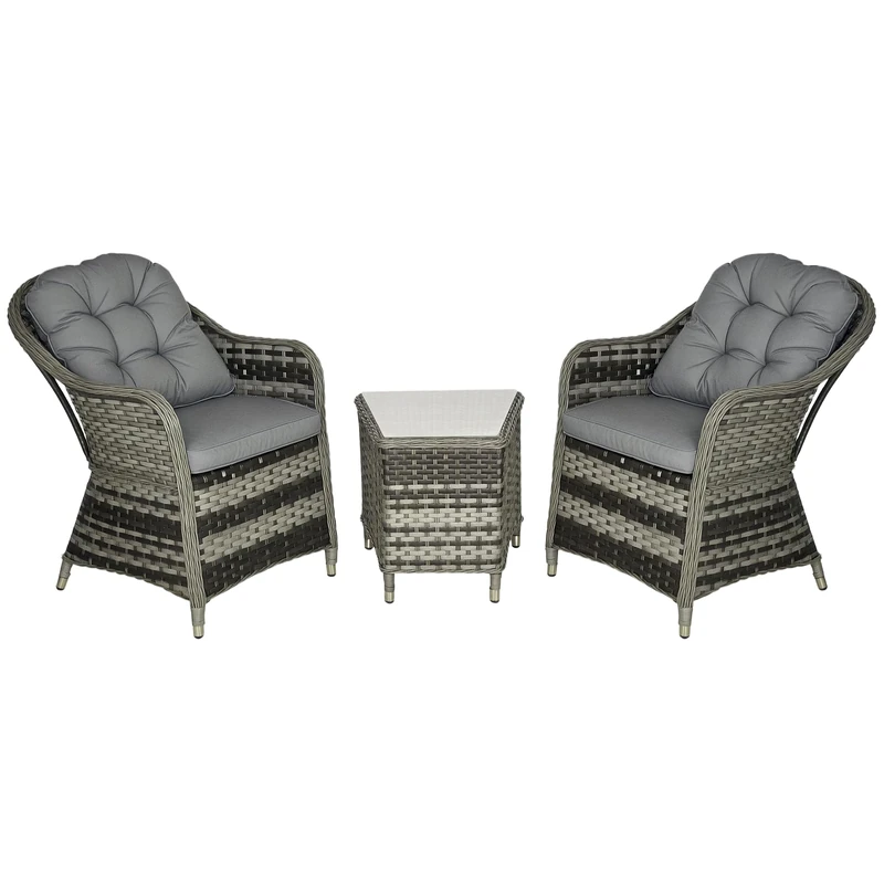 Outsunny 3 Pieces Rattan Bistro Set, Wicker Garden Bistro Set, Glass Top Balcony Table and Chairs with Cushions for Outdoor, Patio, Balcony, Grey