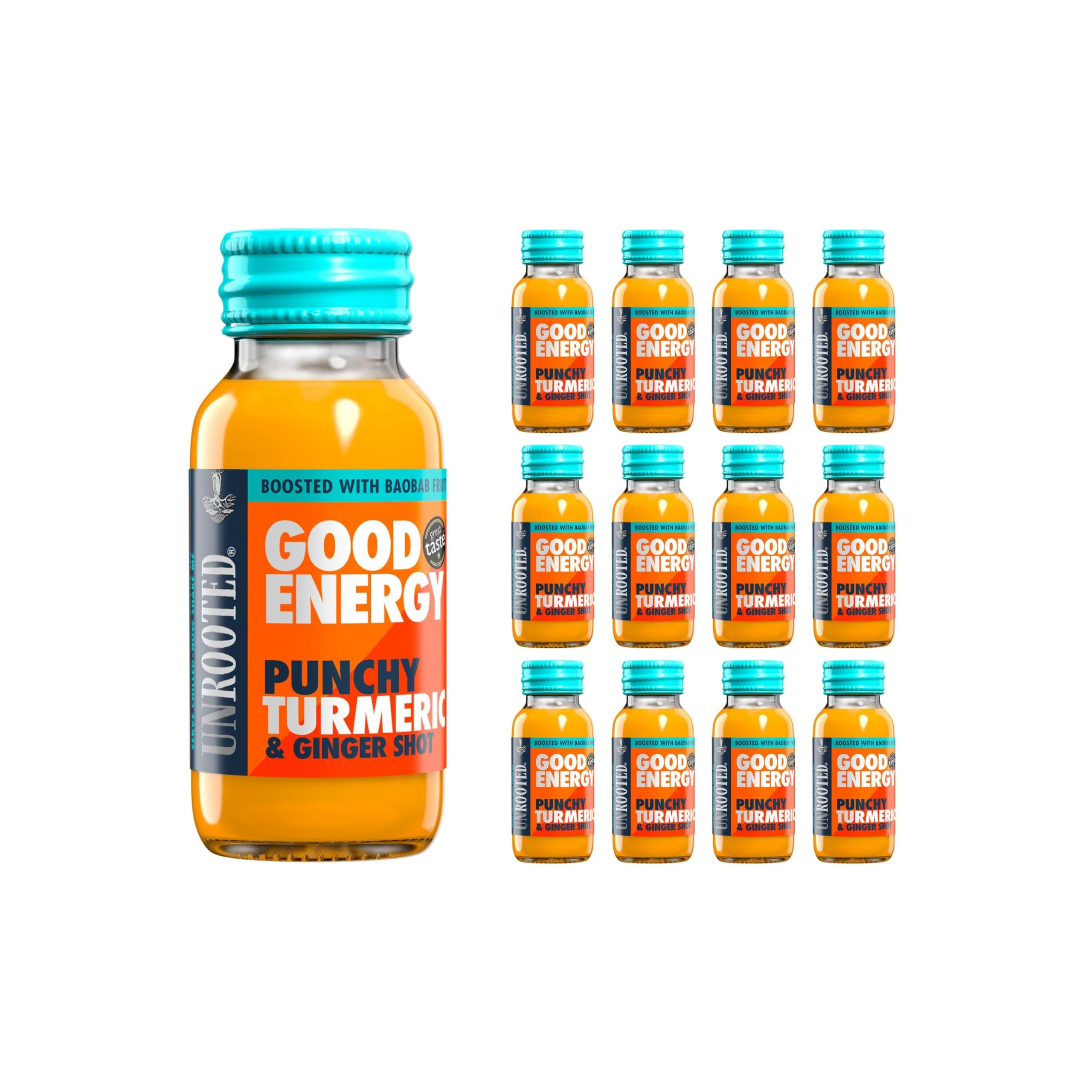 UNROOTED Punchy Turmeric Shots Multipack - Immune System and Natural Energy Booster - 12 x 60ml Bottles - Turmeric, Ginger, Orange, Carrot & Baobab