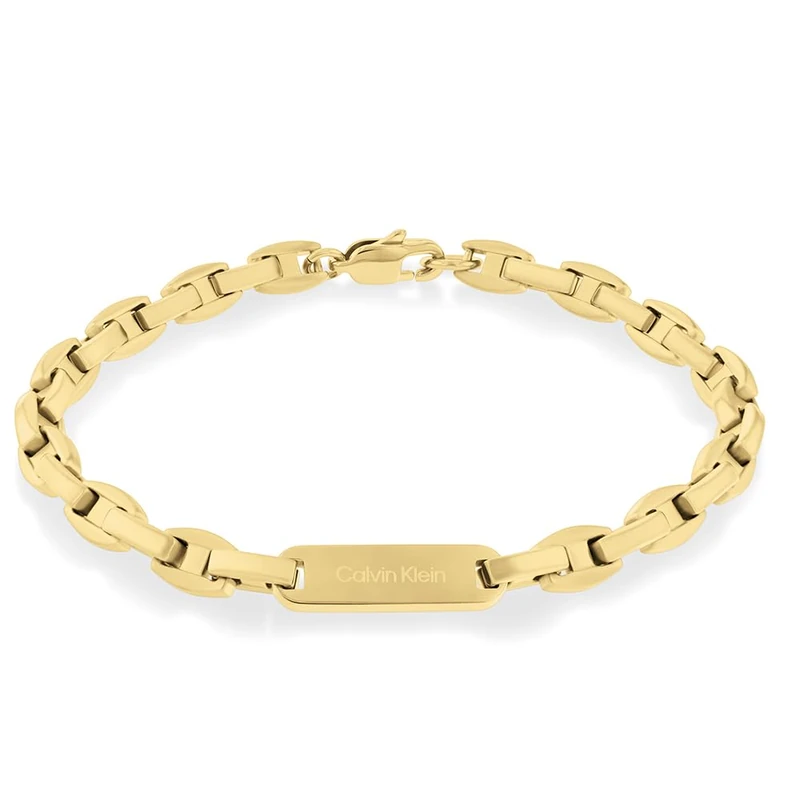 Calvin Klein Men's BOLD METALS Collection Chain Bracelet in Yellow Gold with an Engraved Plaque - 35000412