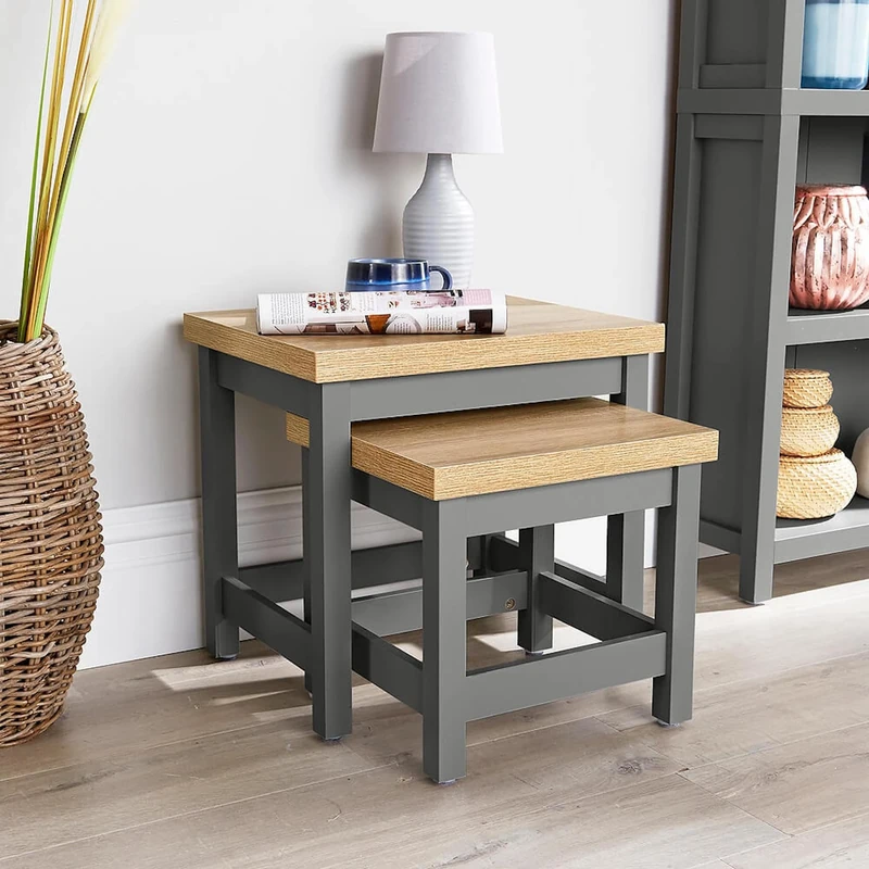 Home Source Nest of 2 Occasional Side End Tables, Stackable, Oak Effect, Dark Grey
