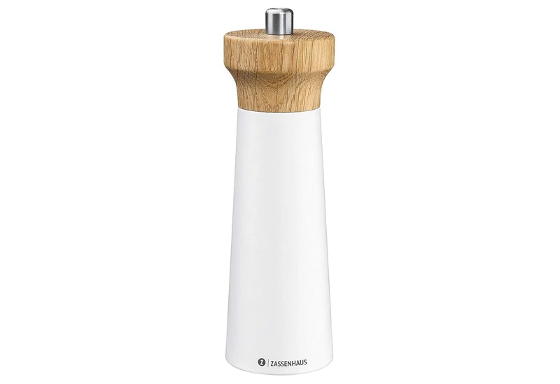 Zassenhaus Westerland Pepper Mill Wood White/Beech Wood Mill Head Made of Oak Wood with Infinitely Adjustable High Performance Ceramic Grinder Spice Mill 18 cm, Diameter 5.6 cm