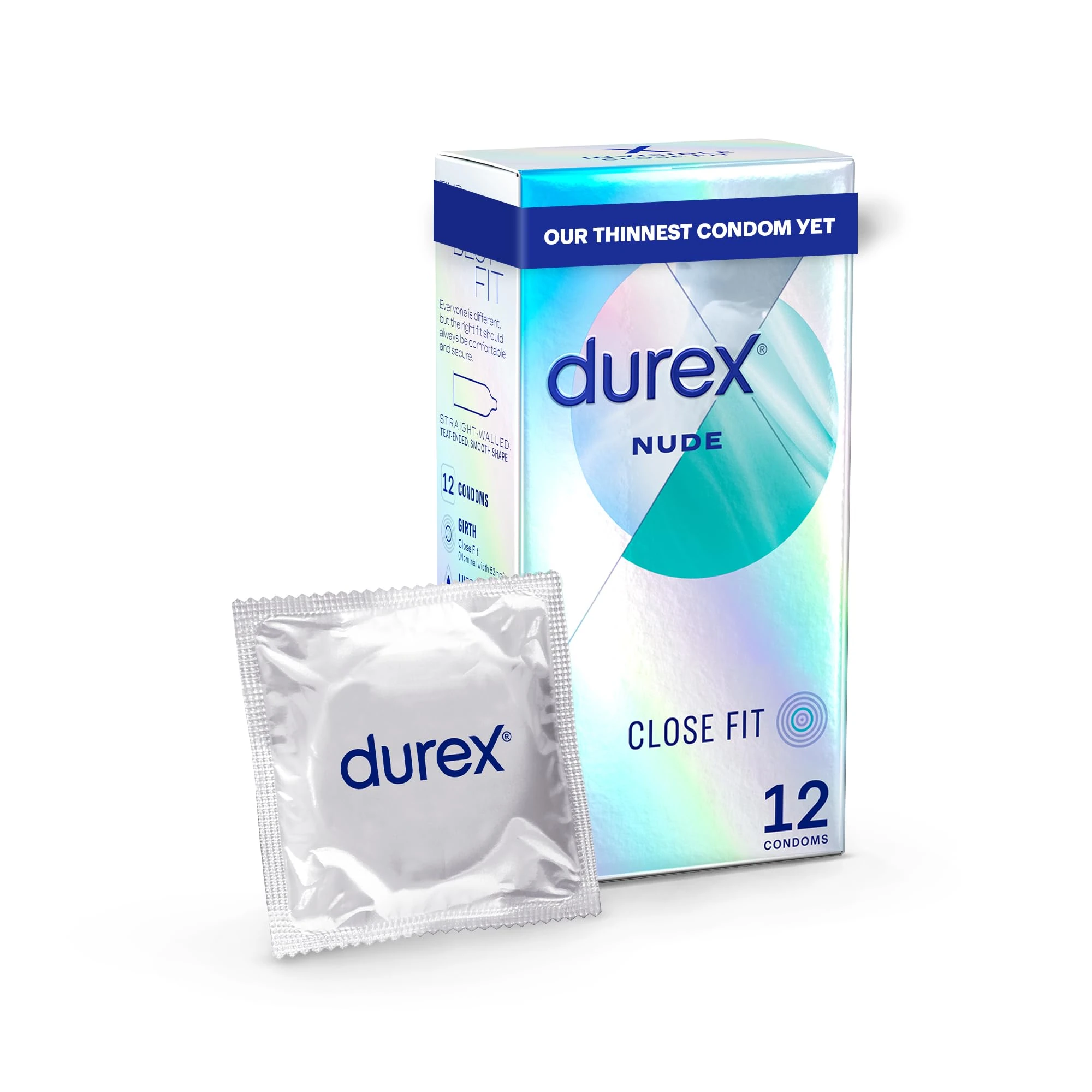 Durex Nude, Ultra Thin, 12 Condoms, Close Fit, with Silicone Lube, Easy on Shape, Teat Ended, Our Thinnest Latex Condom Yet, Transparent Natural Latex Condoms, Trusted Durex Protection