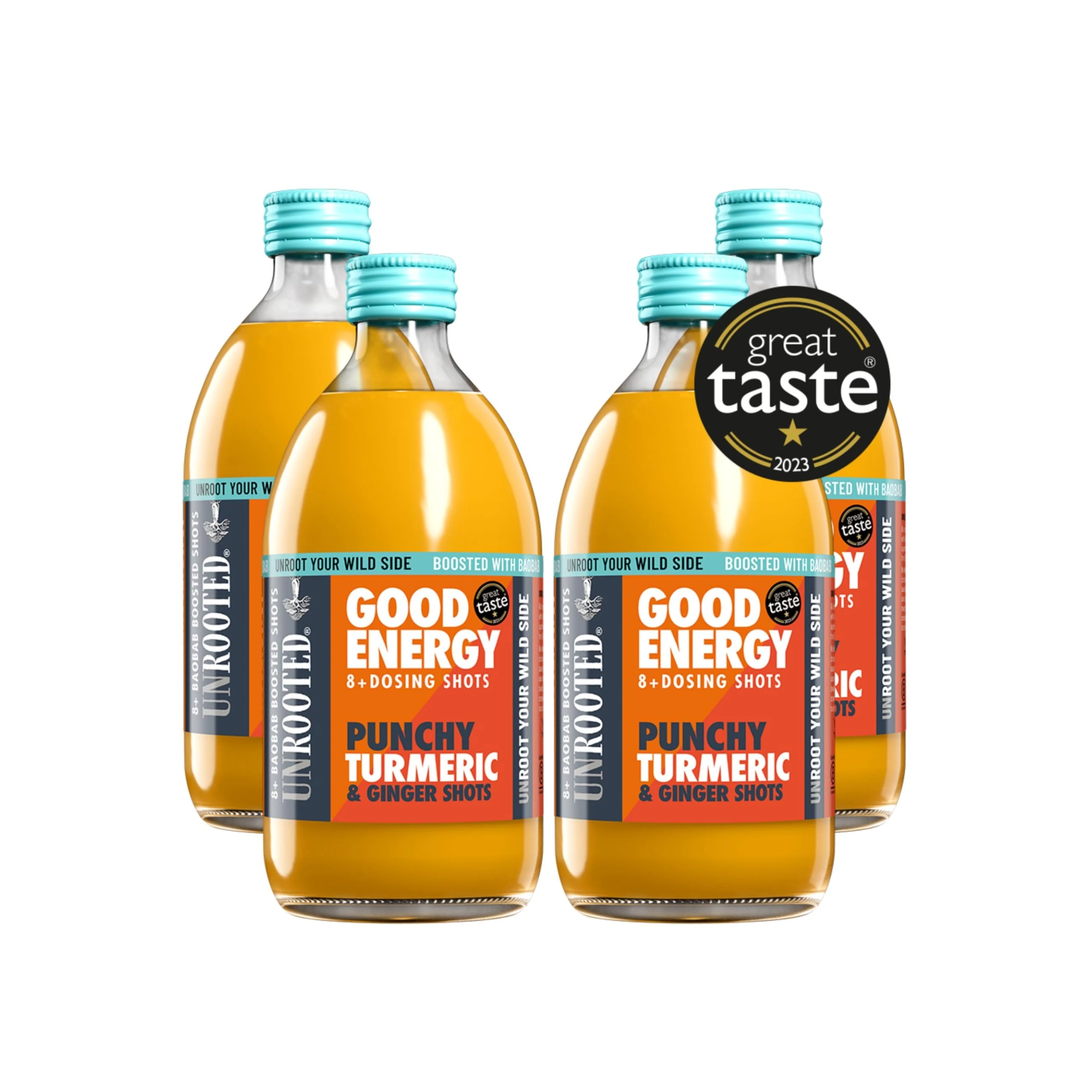 UNROOTED Punchy Turmeric Shots Multipack - Immune System and Natural Energy Booster - 4 x 500ml Dosing Bottles - Turmeric, Ginger, Orange, Carrot & Baobab