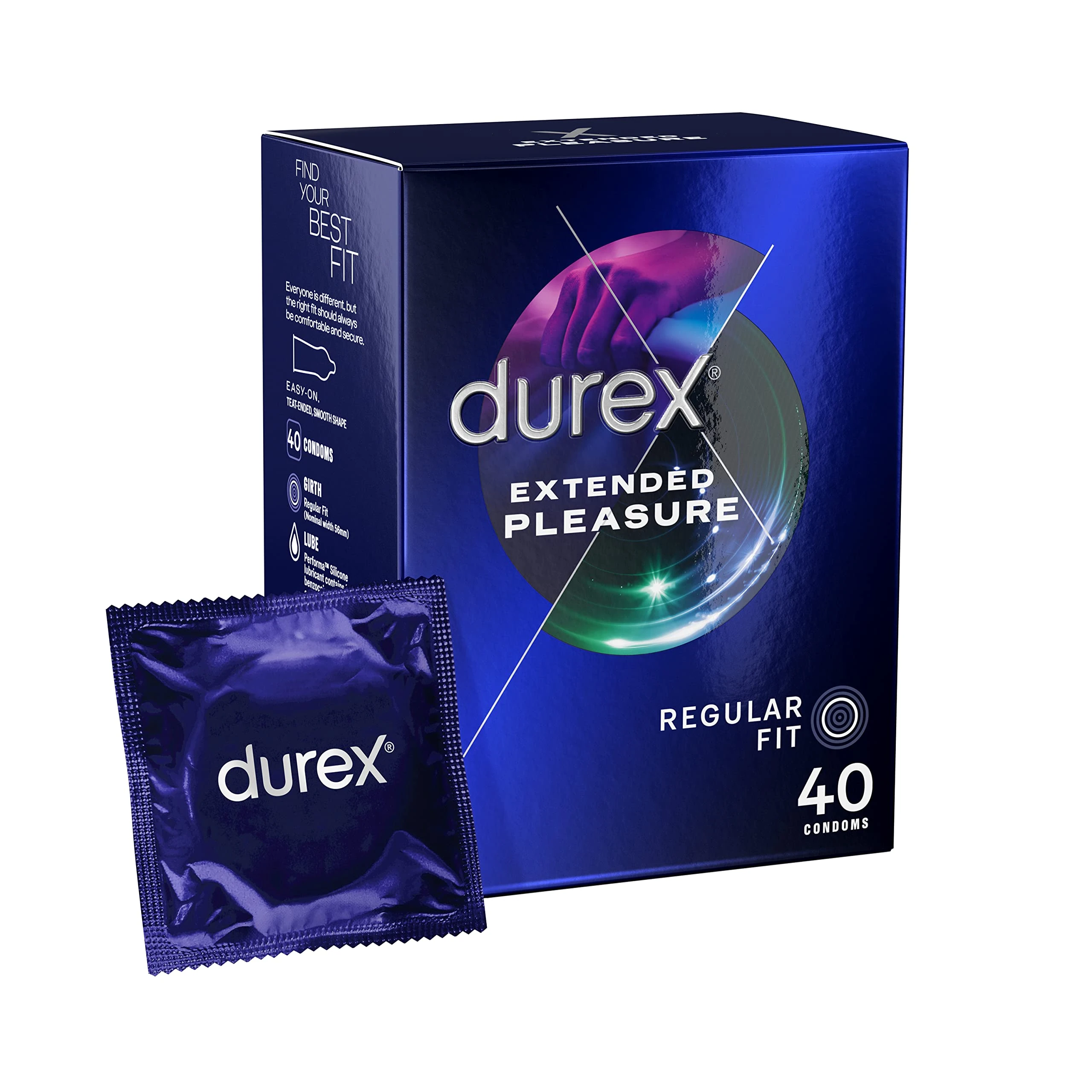 Durex Extended Pleasure, 40 Condoms, Regular Fit, With Performa Silicone Lube, Helps Sex Last Longer, Easy on Shape, Teat Ended, Natural Latex, Pre Lubricated