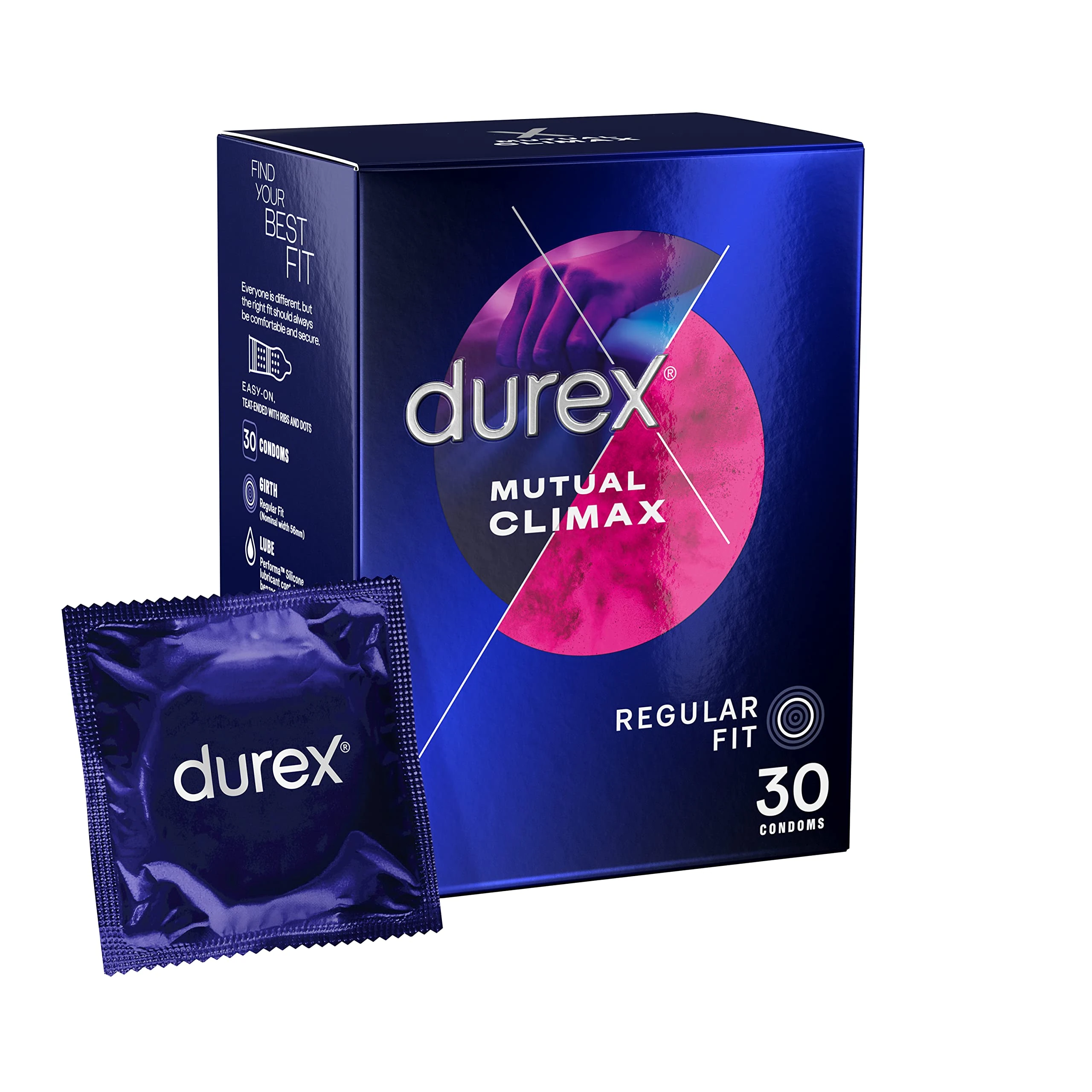 Durex Mutual Climax, 30 Condoms, Regular Fit, With Performa Silicone Lube, Ribbed and Dotted, Easy On, Teat Ended, Trusted Durex Protection