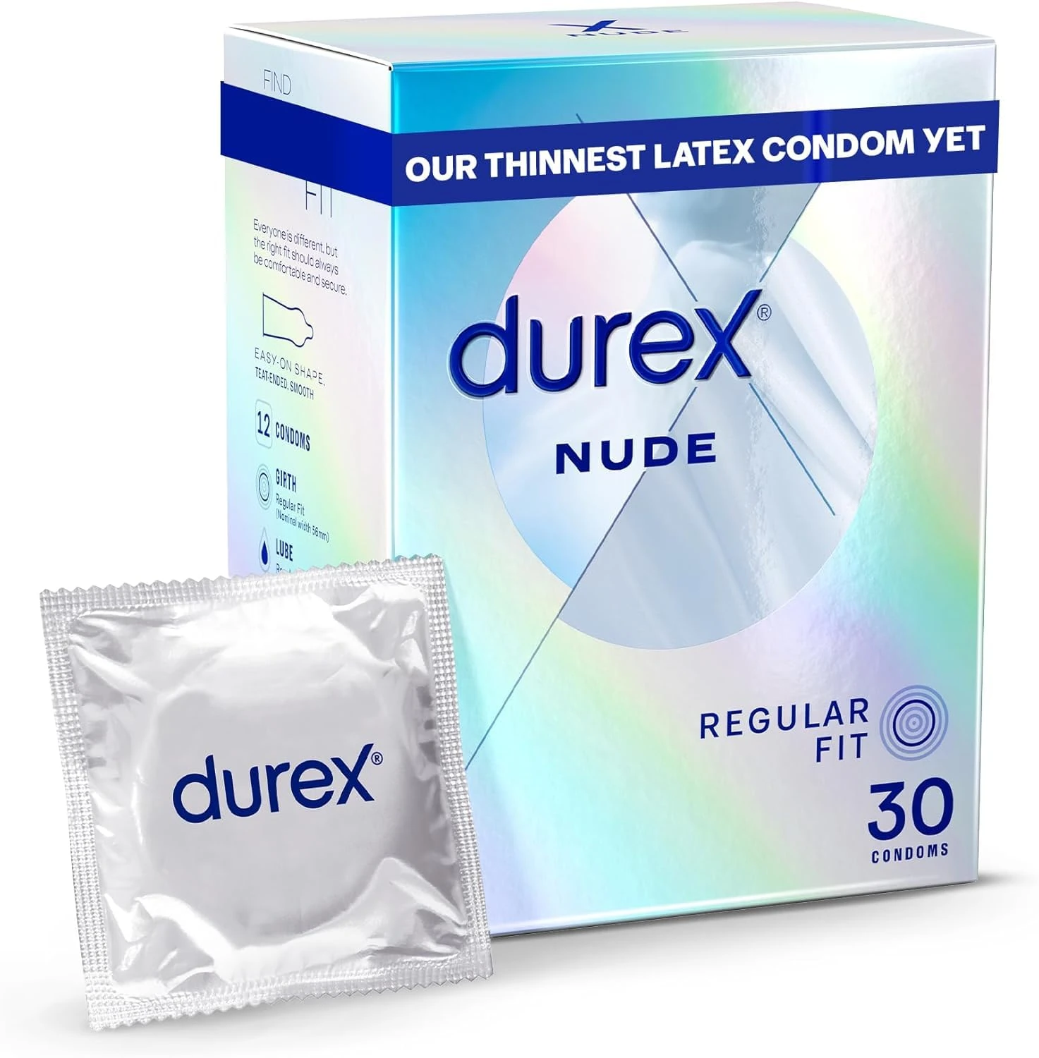Durex Nude, Ultra Thin, 30 Condoms, Regular Fit, with Silicone Lube, Easy on Shape, Teat Ended, Our Thinnest Latex Condom Yet, Transparent Natural Latex Condoms, Trusted Durex Protection