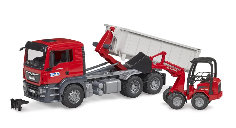 bruder 03767 Man TGS Truck with Rolling Container and Schäffer Yard Loader 2630-1:16 Vehicles, Low Loader, Transporter, Wheel Loader, Toy from 4 Years