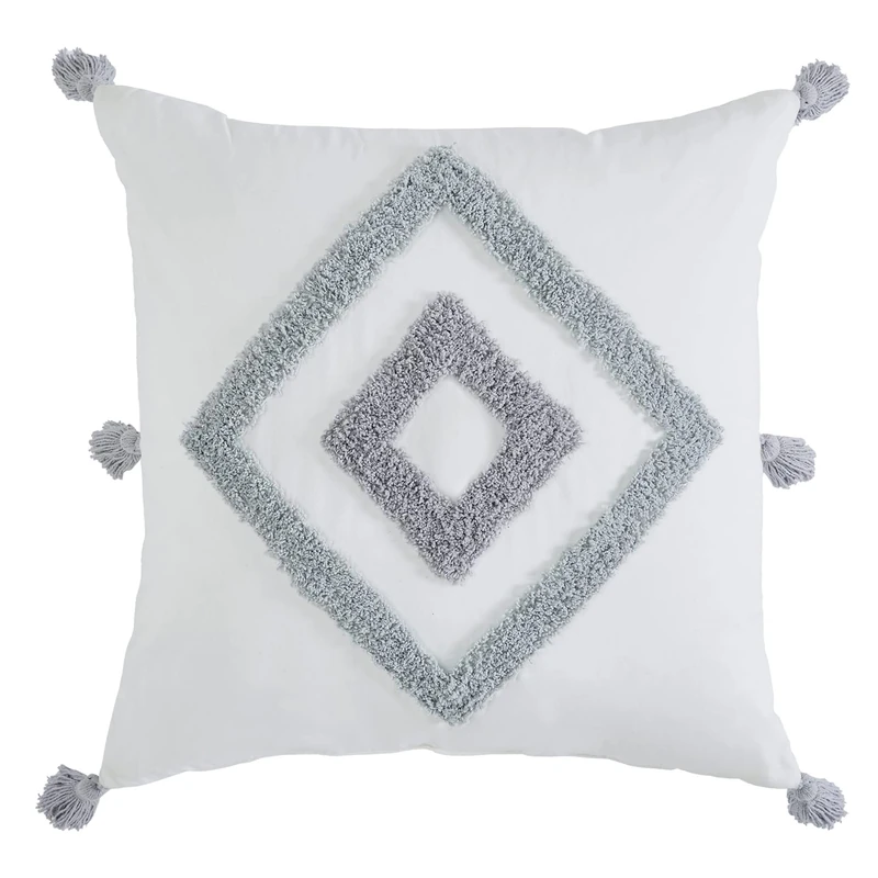 Indigo Ink Medallion Collection Boho Tufted Diamond Decorative Pillow with Tassels, 20" x 20", White