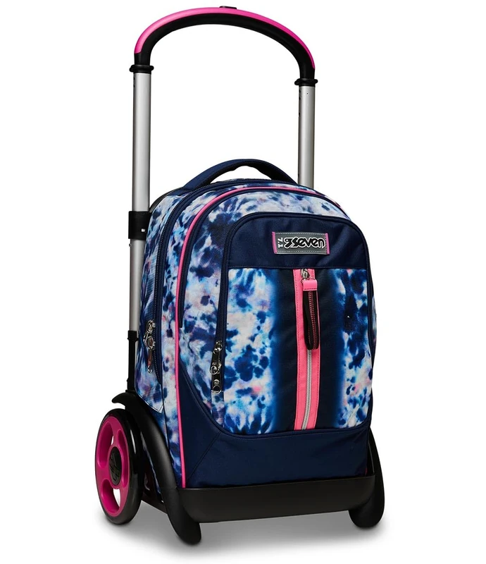 Seven Trolley Tyre – Cloudy Shapes, Blue Pink – 3-in-1 Removable Trolley Case, Backpack Use – School Backpack for Girls with Double Compartments – Multi Pockets, Internal Organizer