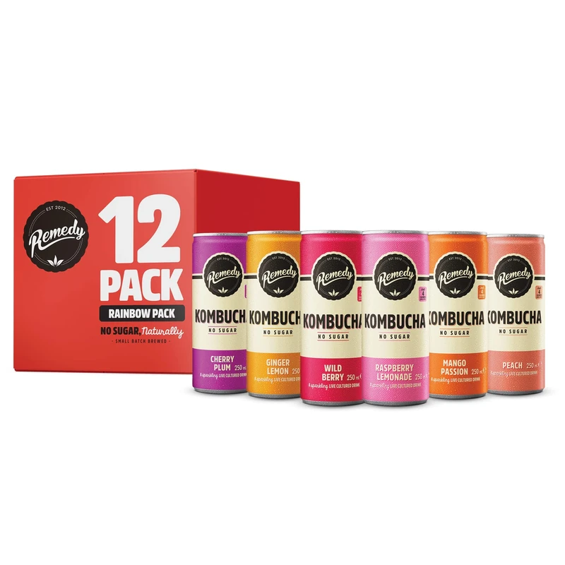 Remedy Kombucha Tea - Rainbow Mixed Pack - Sparkling Live Cultured, Naturally Sugar Free Soft Drink - Probiotic for Gut Health - 12 x 250ml