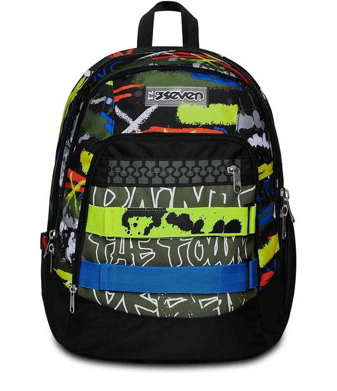Seven Advanced Neon Belts School Backpack, Black – Double Compartment Backpack – Bottle Pocket