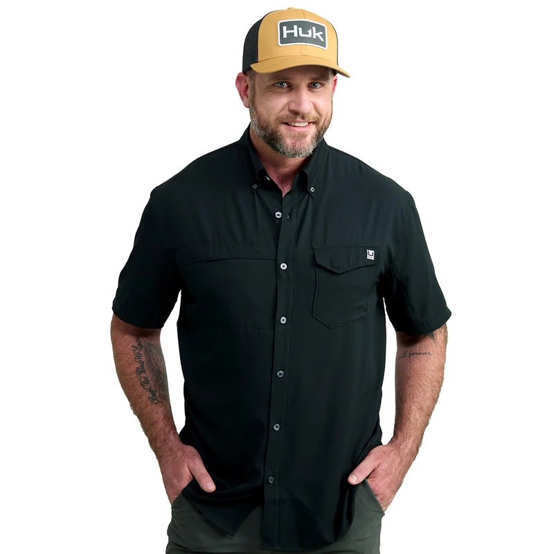 HUK Men's Standard Tide Point Solid Short Sleeve Shirt, Button, Black, XX-Large