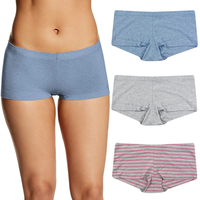 Maidenform womens Boyshort Underwear, Stretch Cotton Boyshort Panties for Women, Assorted, 3-pack, Blue Denim Heather/Grey Hthr/Pink Stripe, XL