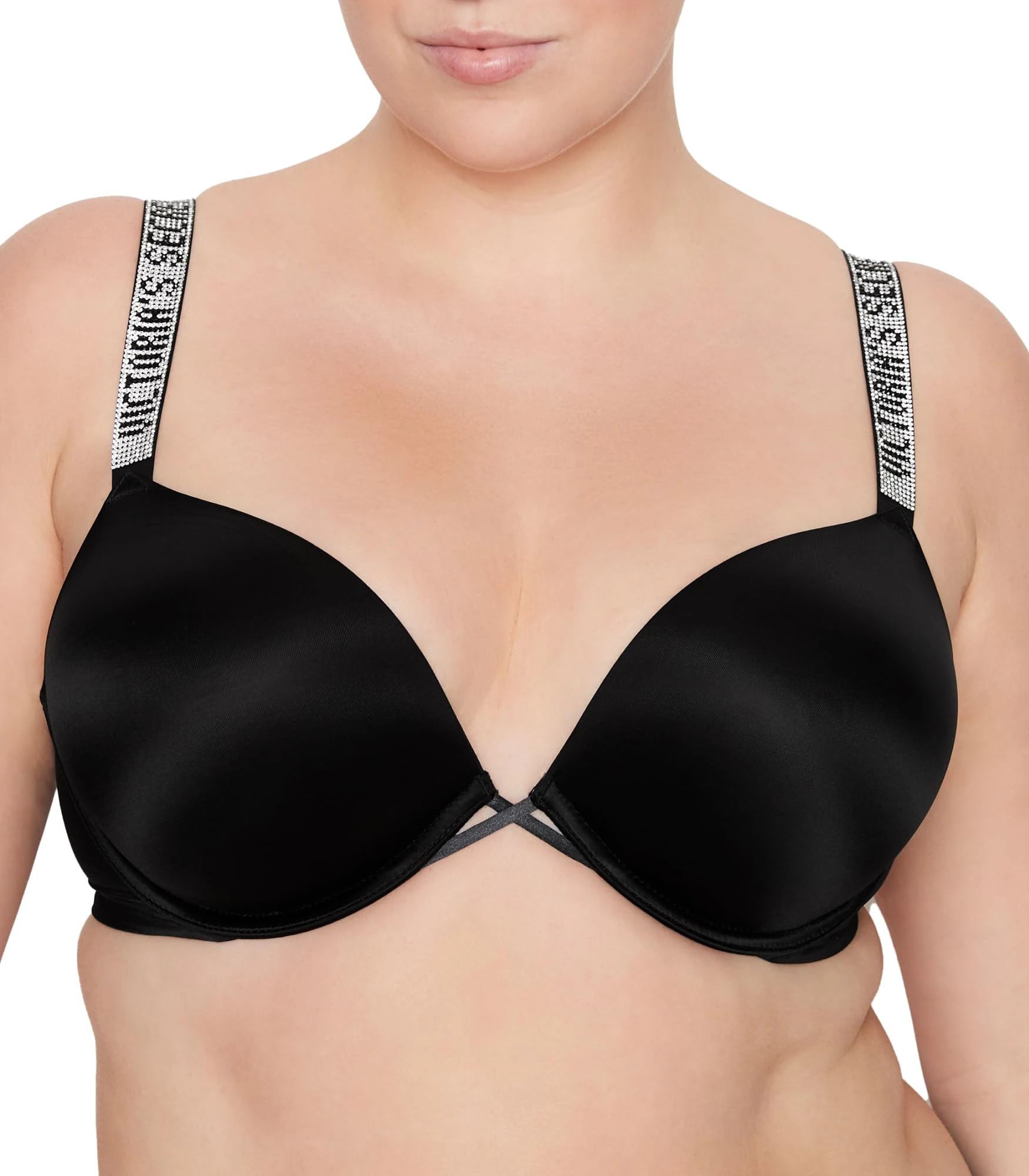 Victoria's Secret Bombshell Push Up Bra, Add 2 Cup Sizes, Rhinestone Straps (32A-38D), Black Shine, 38C