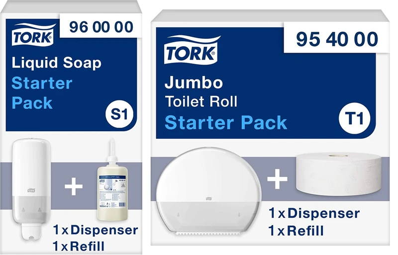 Tork Starter Pack for Liquid and Spray Soap - 960000 - S1/S11 + Handwash Soap Refill (1 x 1000ml) + Tork Jumbo Toilet Roll Starter Pack - 954000 - T1 + Toilet Paper Refill (360 m)