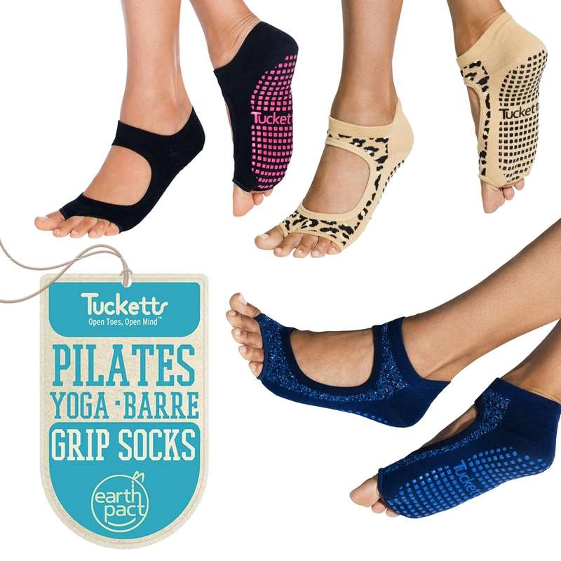 Tucketts Allegro Toeless Non-slip Grip Socks - Cotton Socks for Yoga, Barre, Pilates, Dance, Ballet - Size 5-13, Black, Leopard, Starry Night, Large-X-Large