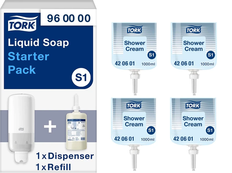 Tork Starter Pack for Liquid and Spray Soap - 960000 - S1/S11 + Soap Refill (1 x 1000ml) + Tork Hair & Body Liquid Soap - 420601- 2-in-1 Shower Gel and Shampoo- Premium Quality, 4 x 1000 ml