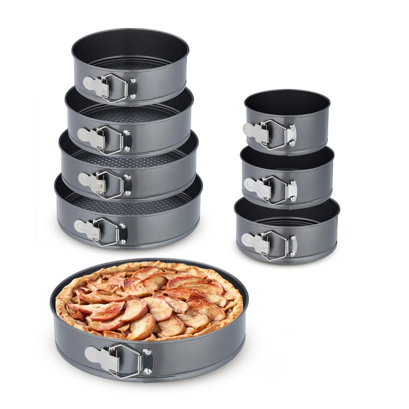 Relaxdays Set of 8 Springform Pans, Round Baking Forms, Diameters: 14-28 cm, Stainless Steel, Non-Stick Coat, Anthracite, 6.5 x 28 cm