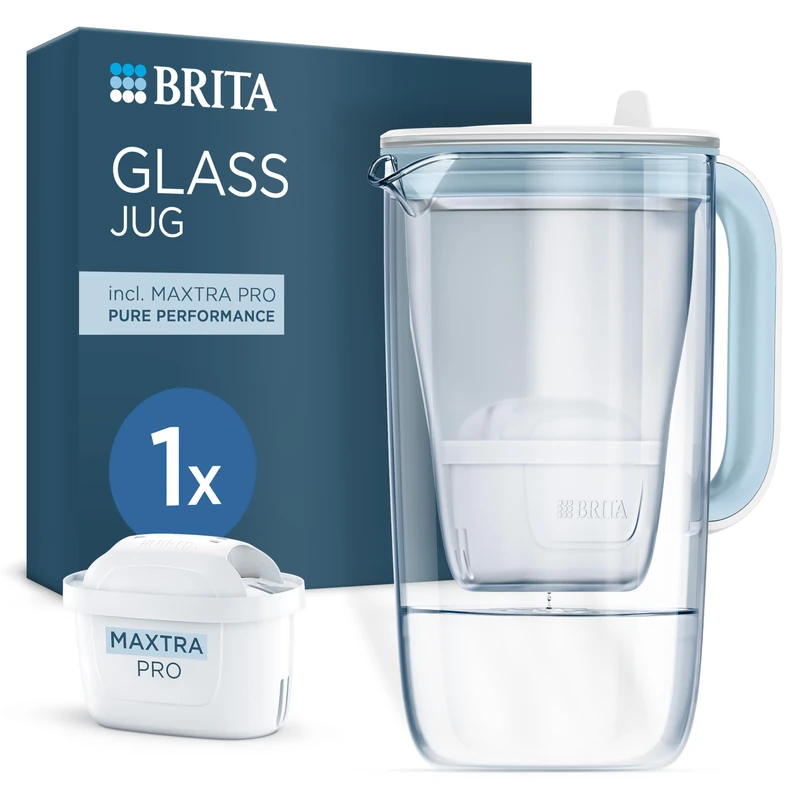 BRITA Glass Water Filter Jug Light Blue (2.5L) with 1x MAXTRA PRO Pure Performance Water Filter Cartridge - Premium Glass Design jug with easy-filling Flip-Lid and Indicator