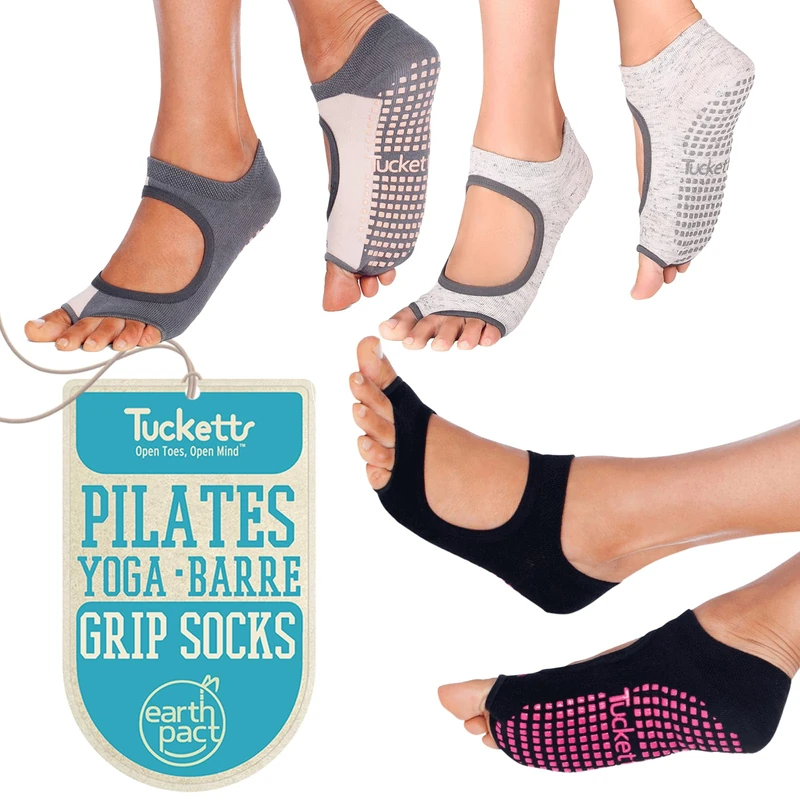 Tucketts Allegro Toeless Non-slip Grip Socks - Cotton Socks for Yoga, Barre, Pilates, Dance, Ballet - Size 5-13, Black, Static, Grey-blush, Large-X-Large