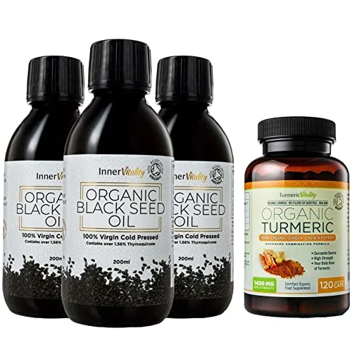 Organic Black Seed Oil Cold Pressed (3 Pack + Free Organic Turmeric Capsules) - High Strength 3X% - Certified Pure Virgin Oil in a Glass Bottle Rich in Omega 3 6 & 9 by Inner Vitality