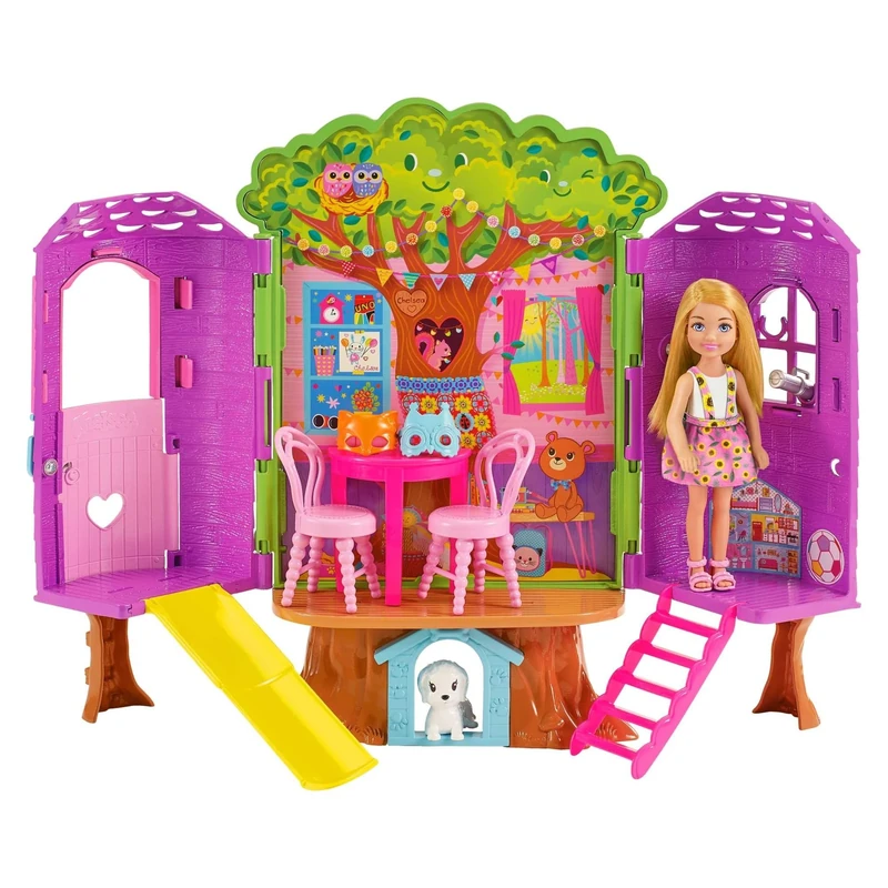 Chelsea Barbie Doll and Treehouse Playset with Pet Puppy, Dollhouse Includes Furniture and Slide, 10+ Accessories, HPL70