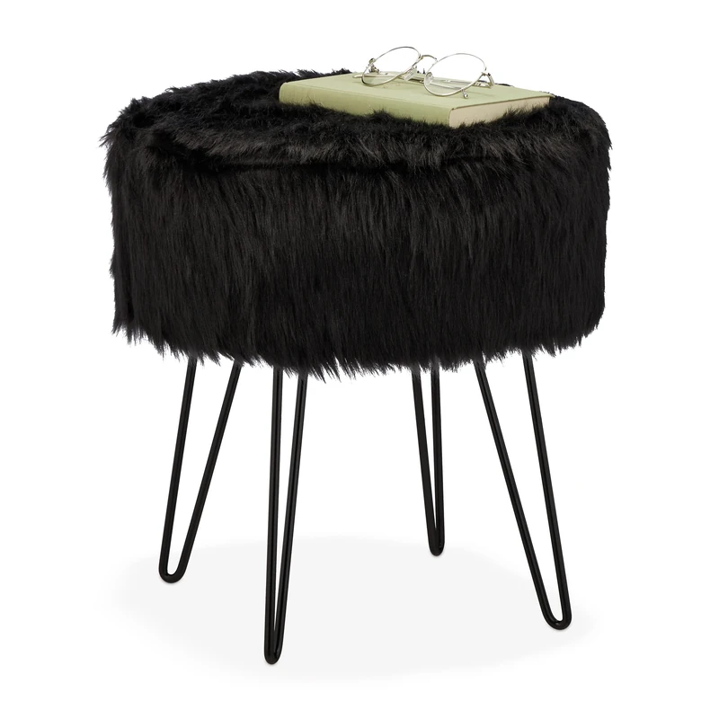 Relaxdays Fur Stool, Padded Plush, Round, Metal Frame, Dressing Table, HxD: 41 x 37 cm, Black, Fibreboard