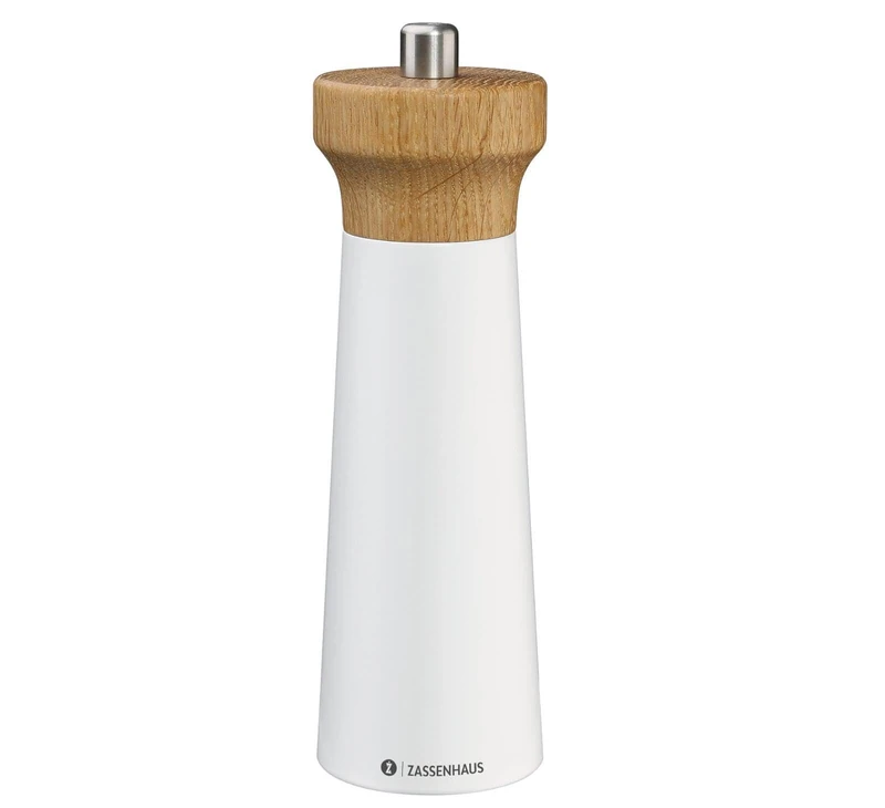Zassenhaus Westerland Salt Mill White/Beech Wood Mill Head Made of Oak Wood with Fully Adjustable High-Performance Ceramic Grinder Spice Mill for Salt 18 cm, Diameter 5.6 cm