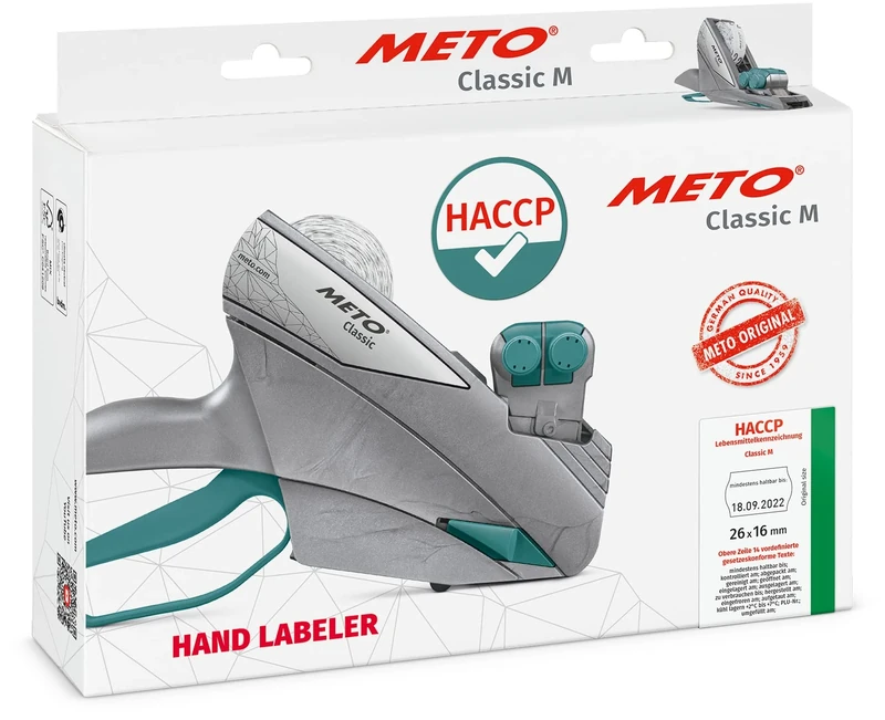 Meto HACCP Hand Labeller (for 26 x 16 mm Labels, 14 Predefined Texts, 2 Lines, 20 Digits, Meto Classic M Price Gun, Silver-Teal)