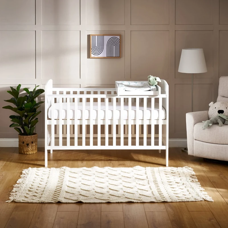 Grace Cot Bed, Cot Top Changer + Fibre Mattress - White