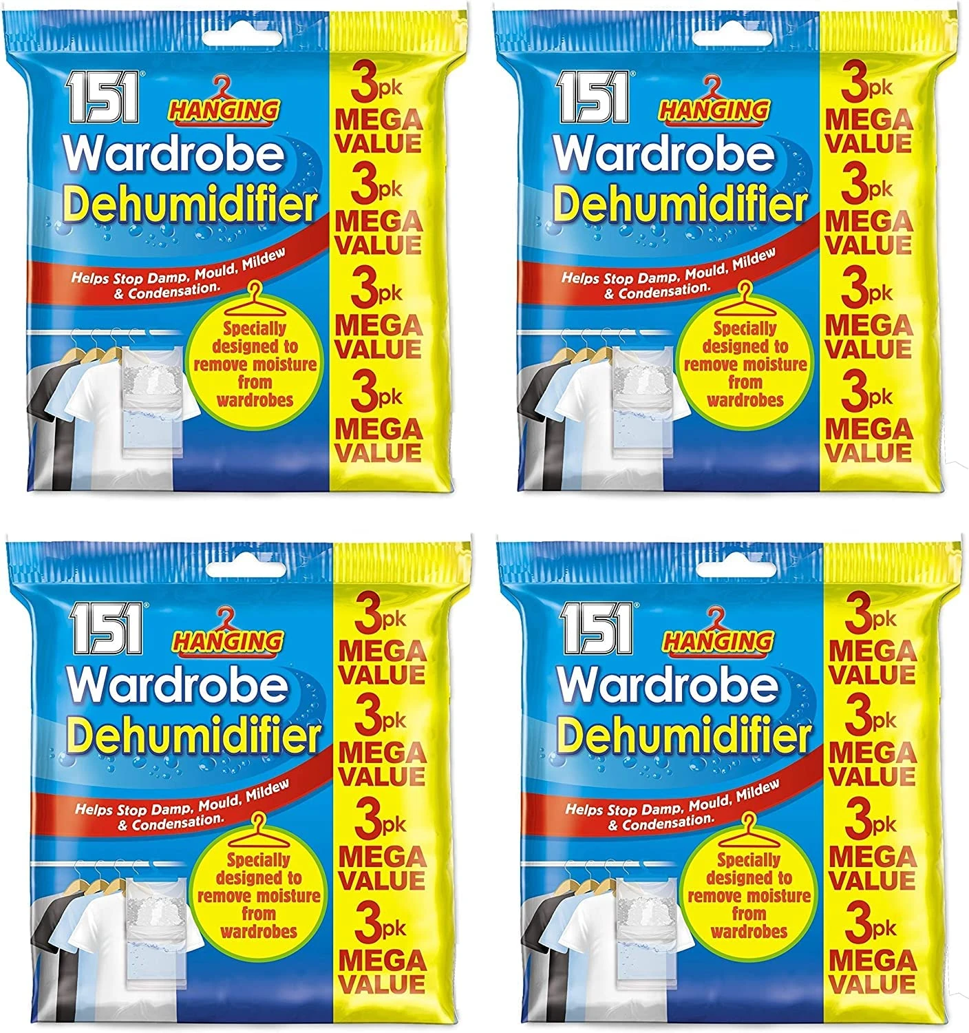 151 Set of 12 Hanging Wardrobe Dehumidifier Bags Trap Crystals - Ideal to stop damp, mould mildew & condensation- For Wardrobe, Closet, Bookcase, Small Rooms