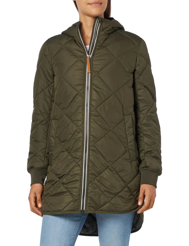 camel active Women's Long Quilted Coat with Diamond Quilting Coat, dark green, 12